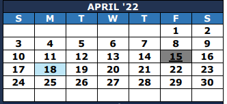 District School Academic Calendar for The Summit Intermediate for April 2022
