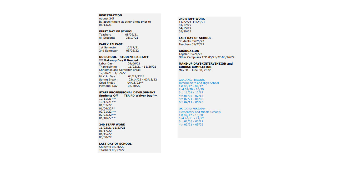 District School Academic Calendar Key for The Summit Intermediate