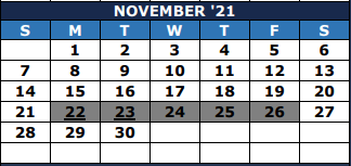 District School Academic Calendar for The Summit Intermediate for November 2021