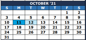 District School Academic Calendar for Guidance Center for October 2021