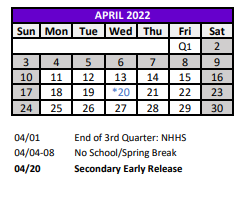 District School Academic Calendar for Ridgewood High School for April 2022