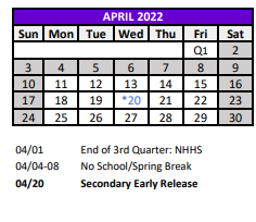 District School Academic Calendar for Thomas E. Weightman Middle for April 2022