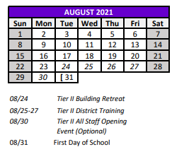 District School Academic Calendar for Centennial Elementary School for August 2021