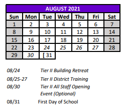District School Academic Calendar for The Language Academy for August 2021