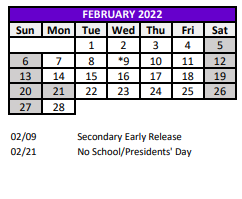 District School Academic Calendar for James W. Mitchell High Adult for February 2022