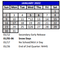 District School Academic Calendar for River Ridge High Adult Education for January 2022
