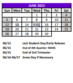 District School Academic Calendar for Gulf Highlands Elementary School for June 2022