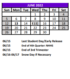 District School Academic Calendar for Sunray Elementary School for June 2022