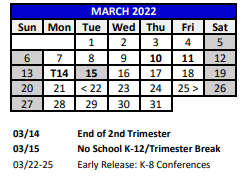 District School Academic Calendar for Quail Hollow Elementary School for March 2022