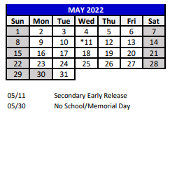 District School Academic Calendar for Richard Milburn Academy for May 2022