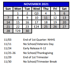 District School Academic Calendar for Sunray Elementary School for November 2021