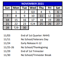 District School Academic Calendar for Moon Lake Elementary School for November 2021