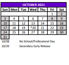 District School Academic Calendar for Adult Satellite East for October 2021