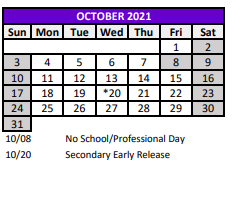 District School Academic Calendar for Thomas E. Weightman Middle for October 2021