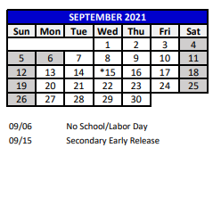 District School Academic Calendar for Fox Hollow Elementary School for September 2021