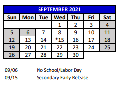 District School Academic Calendar for The Language Academy for September 2021