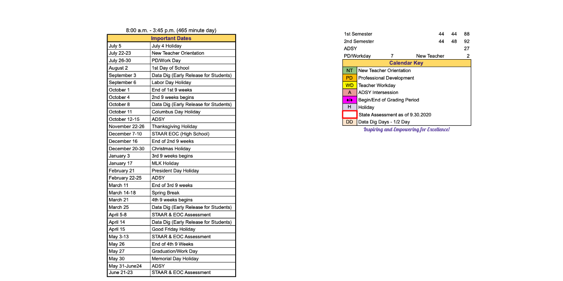 District School Academic Calendar Key for Lamar Center