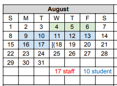 District School Academic Calendar for James L Wright El for August 2021