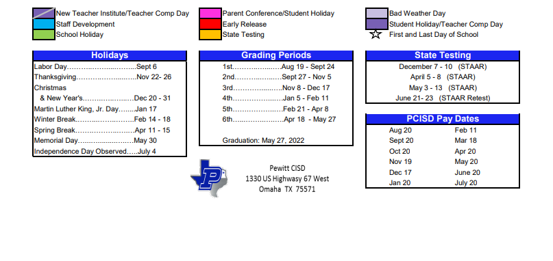 District School Academic Calendar Key for Pewitt Elementary