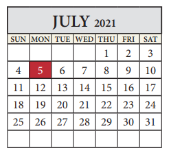 District School Academic Calendar for Pflugerville Elementary School for July 2021