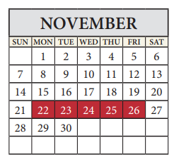 District School Academic Calendar for Pflugerville Elementary School for November 2021