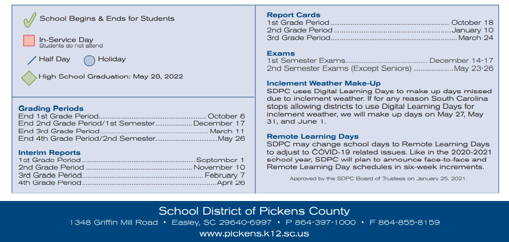 District School Academic Calendar Key for Pickens Middle