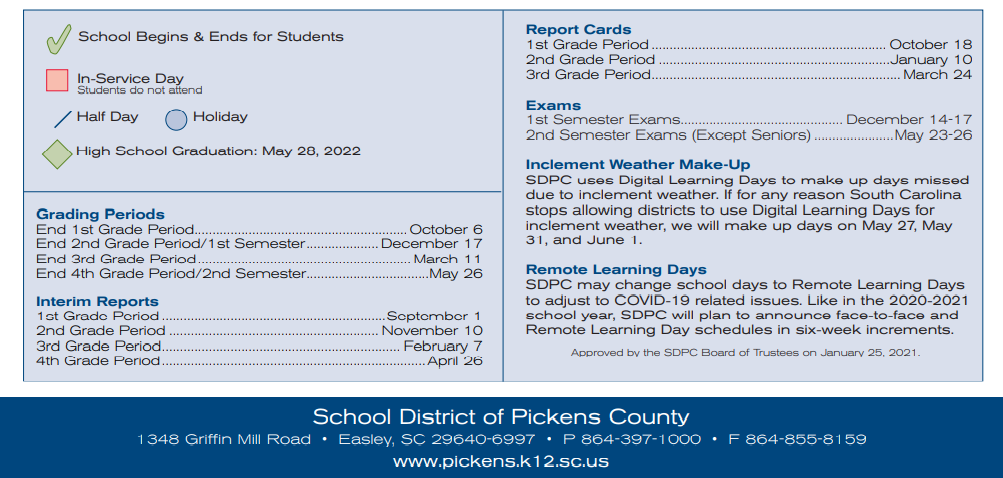 District School Academic Calendar Key for Hagood El