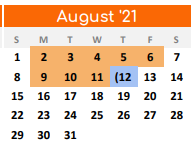 District School Academic Calendar for Denton Co J J A E P for August 2021