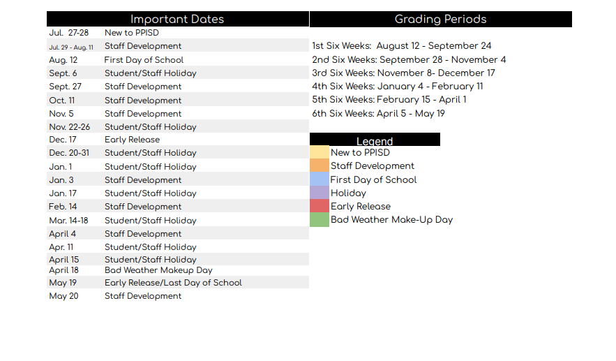 District School Academic Calendar Key for Pilot Point Selz Middle
