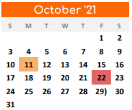 District School Academic Calendar for Denton Co J J A E P for October 2021