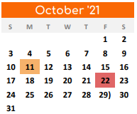 District School Academic Calendar for Pilot Point Elementary for October 2021