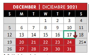 District School Academic Calendar for Memorial Elementary School for December 2021