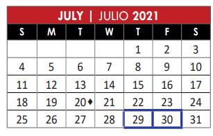 District School Academic Calendar for Schimelpfenig Middle for July 2021