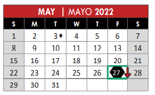 District School Academic Calendar for Memorial Elementary School for May 2022