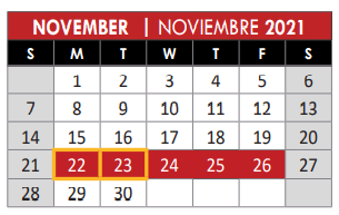 District School Academic Calendar for Head Start for November 2021