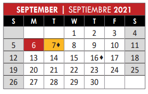 District School Academic Calendar for Head Start for September 2021