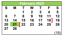 District School Academic Calendar for Pleasanton J H for February 2022