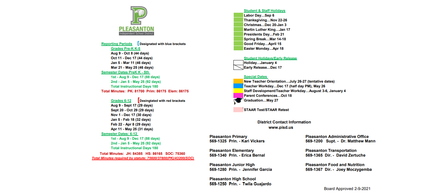 Pisd 2022 Calendar Pleasanton Primary - School District Instructional Calendar - Pleasanton  Isd - 2021-2022
