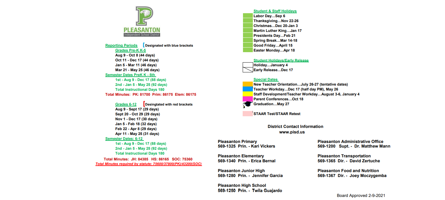 District School Academic Calendar Key for Pleasanton Primary