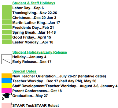 District School Academic Calendar Legend for Pleasanton H S