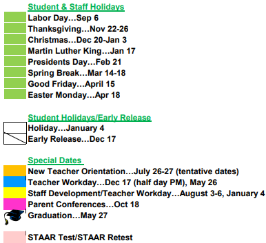 District School Academic Calendar Legend for Pleasanton El