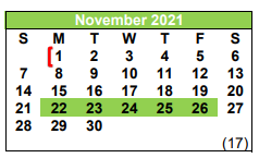 District School Academic Calendar for Pleasanton Intermediate for November 2021
