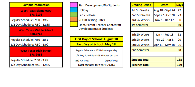 District School Academic Calendar Key for West Texas High School