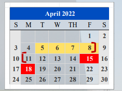 District School Academic Calendar for Cameron Co J J A E P for April 2022