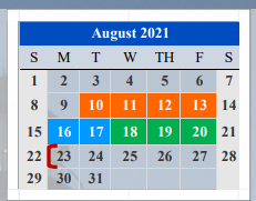 District School Academic Calendar for Cameron Co J J A E P for August 2021