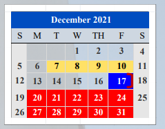 District School Academic Calendar for Cameron Co J J A E P for December 2021