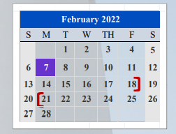 District School Academic Calendar for Cameron Co J J A E P for February 2022