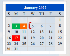District School Academic Calendar for Cameron Co J J A E P for January 2022