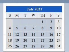 District School Academic Calendar for Cameron Co J J A E P for July 2021