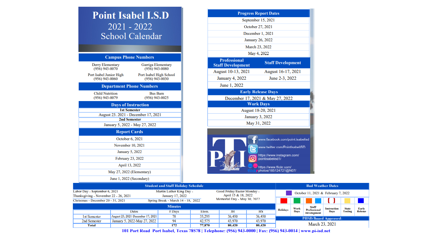 District School Academic Calendar Key for Port Isabel Junior High